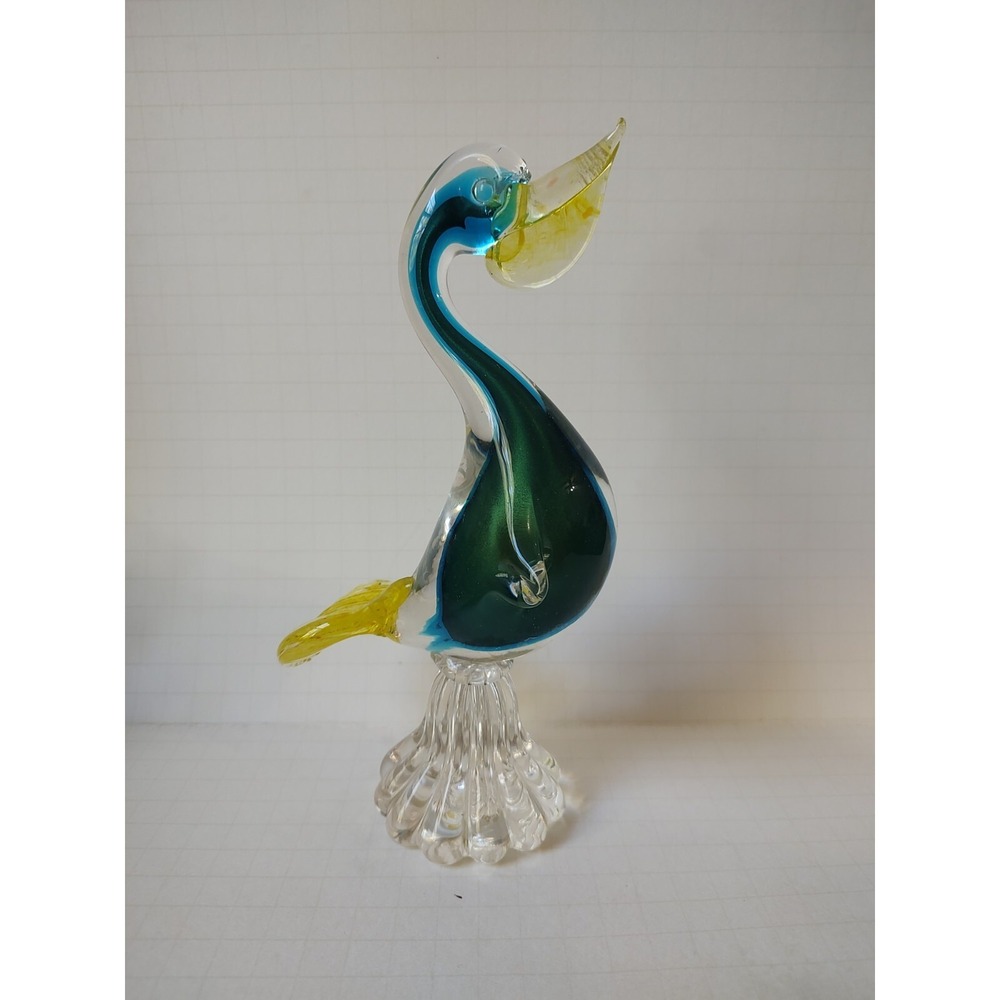 Vintage art glass bird pelican blue yellow 9"